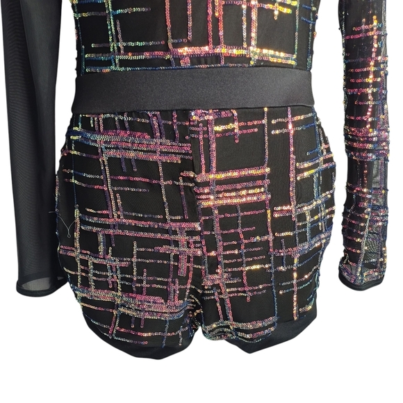 Weissman Dance Romper Sequin Black Mesh Long Sleeve Costume Adult Jazz Lyrical M - Picture 7 of 11